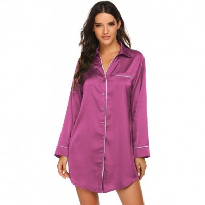 Nightgowns & Sleepshirts Sleepwear Long Sleeve Nightshirt Satin Sleepshirt Button Front Pajama Top for Women - Pink - C3193Y6...