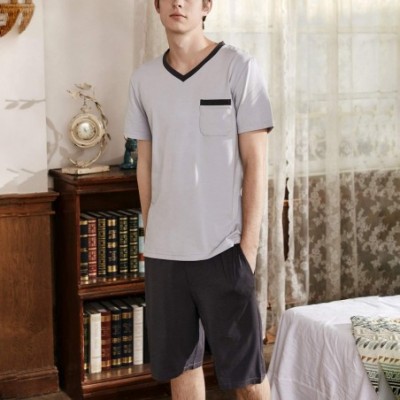 Sleep Sets Men's Short Sleeve Pajama Set 2 Pieces Soft Loungewear Tops Shorts Pocket Modal PJ Set - Grey - CW18U5Q205D