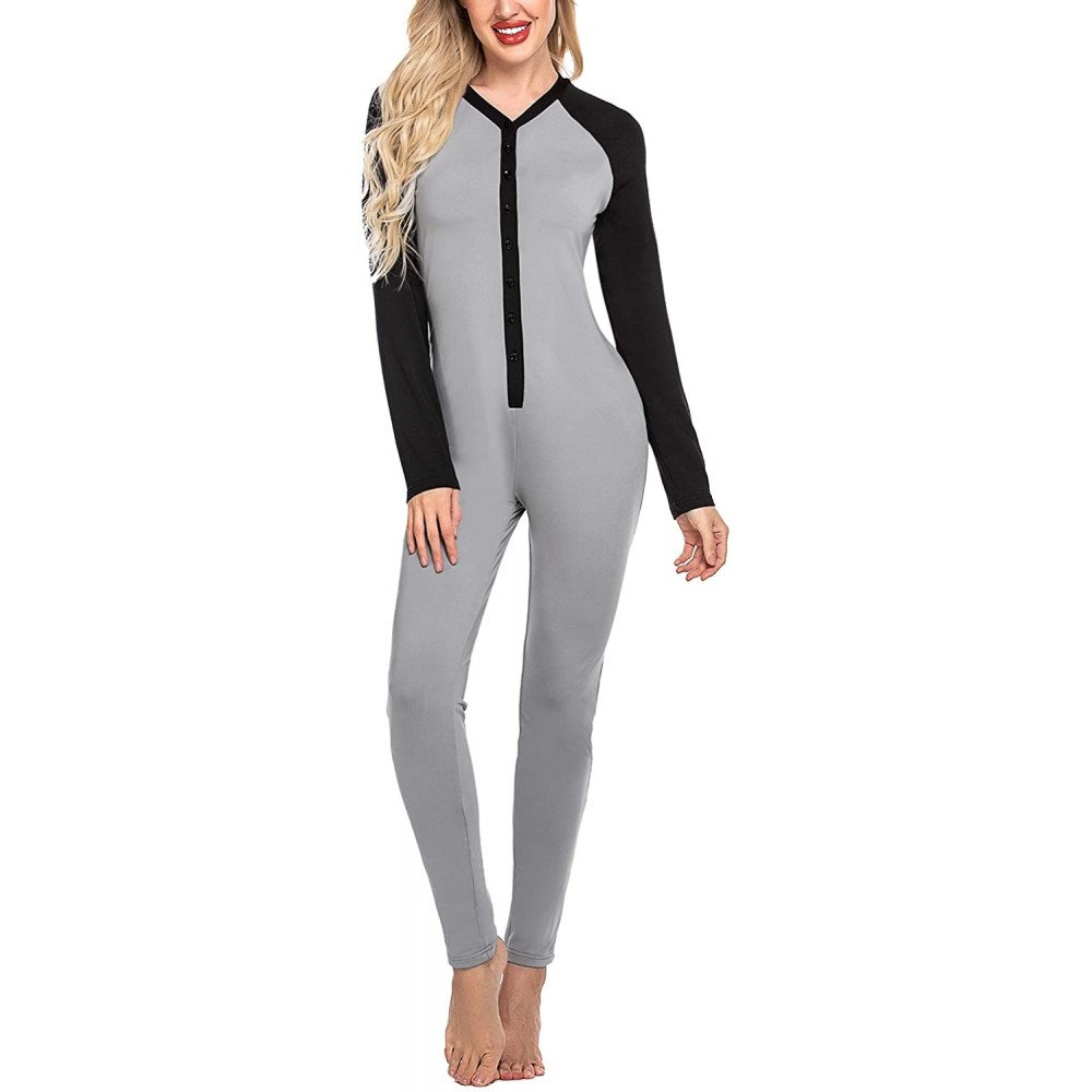 Thermal Underwear Womens One Piece Pajama Union Suit Thermal Underwear Set Sleepwear Pajama Jumpsuit Union - Light Grey - CU1...