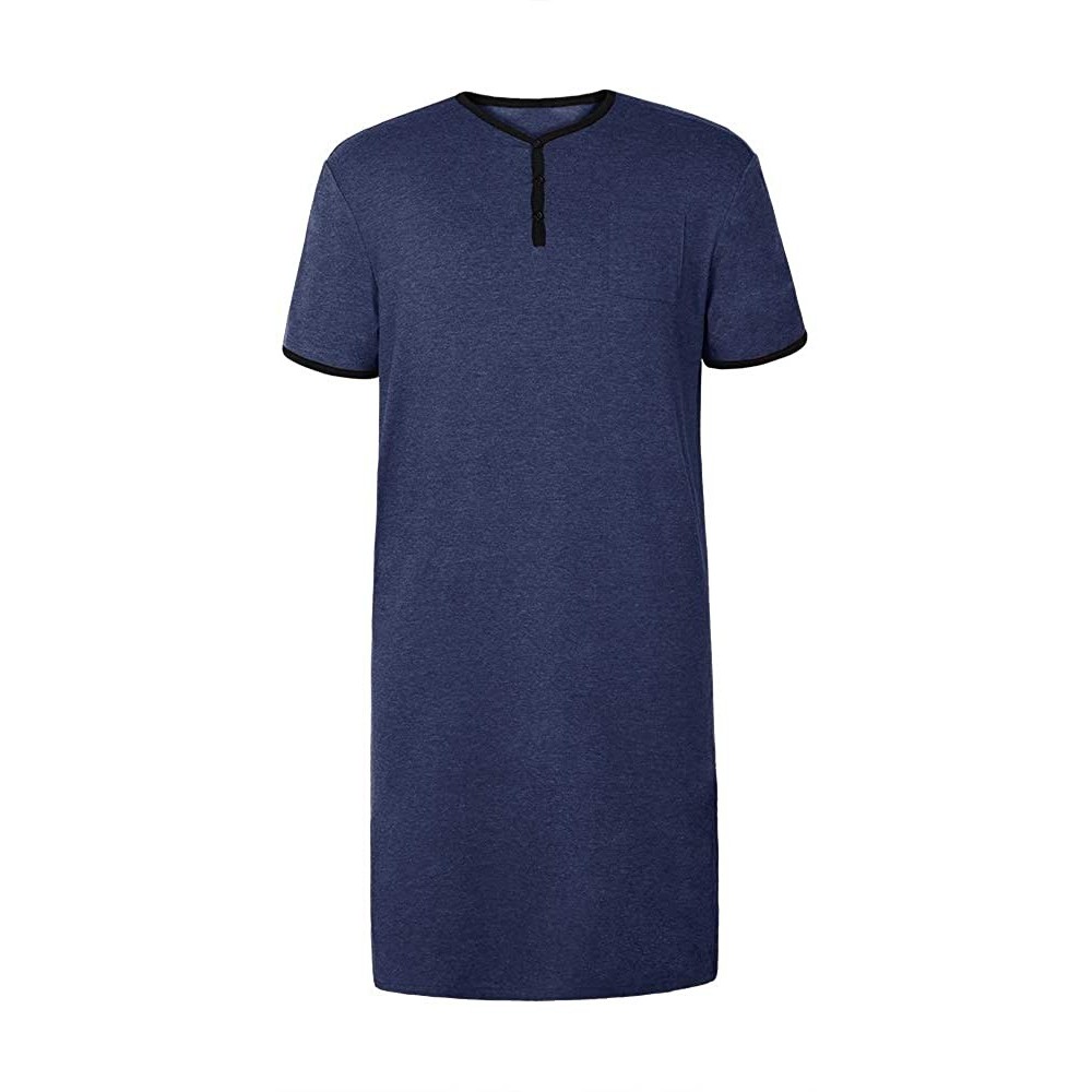 Robes Mens Sleepshirt Cotton Nightshirt V Neck Short Sleeve PJ Comfy Soft Sleepwear Plain Nightgown Pajamas - Y-navy - CQ192K...