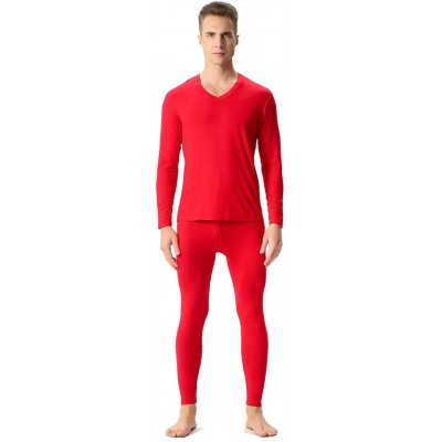 Thermal Underwear Men's V Neck Thermal Underwear Set Long Johns Winter Base Layer Top & Bottom - Red - CF1920KQH45