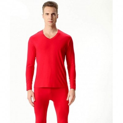 Thermal Underwear Men's V Neck Thermal Underwear Set Long Johns Winter Base Layer Top & Bottom - Red - CF1920KQH45