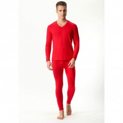 Thermal Underwear Men's V Neck Thermal Underwear Set Long Johns Winter Base Layer Top & Bottom - Red - CF1920KQH45