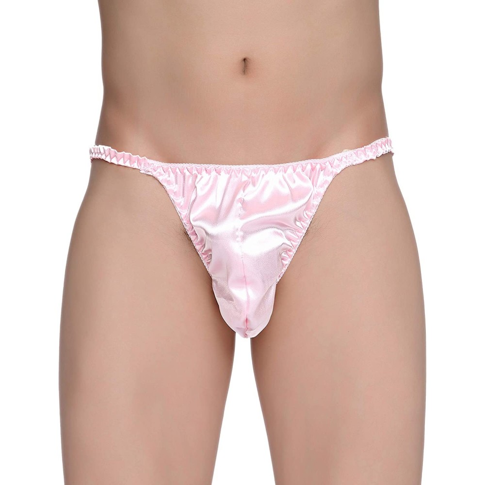 Briefs Men's Underwear Satin Tanga Bikini Briefs Panties - Baby Pink - CL194SAL03M