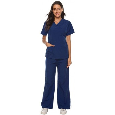 Thermal Underwear Women Short Sleeve V-Neck Tops+Pants Nursing Working Uniform Set Suit - A_navy - CY190E9922K