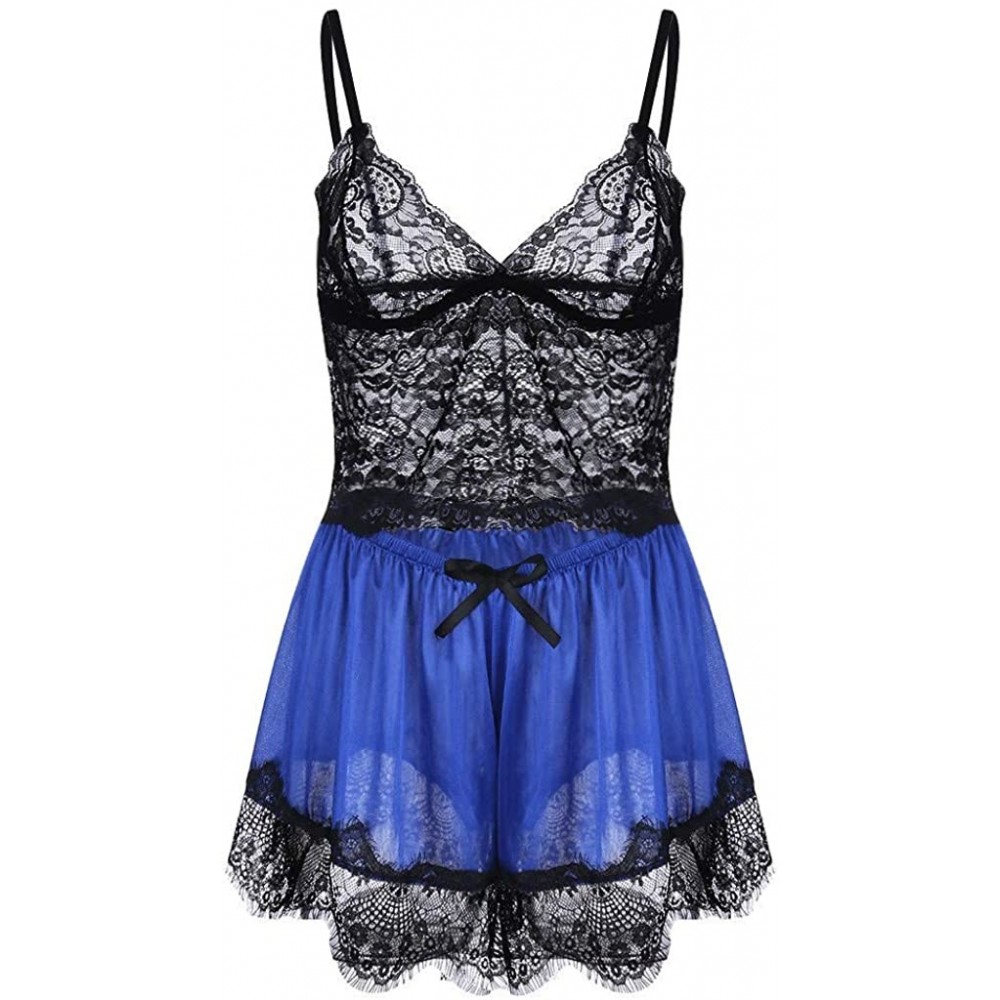 Garters & Garter Belts New Women Silk Lace Top Camisole Bow Shorts Pajamas Lingerie Sleepwear Set S-3XL - Blue - CX190TKASRD