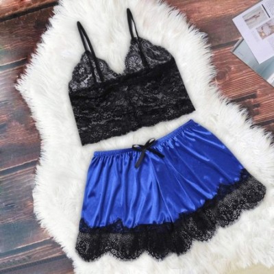 Garters & Garter Belts New Women Silk Lace Top Camisole Bow Shorts Pajamas Lingerie Sleepwear Set S-3XL - Blue - CX190TKASRD