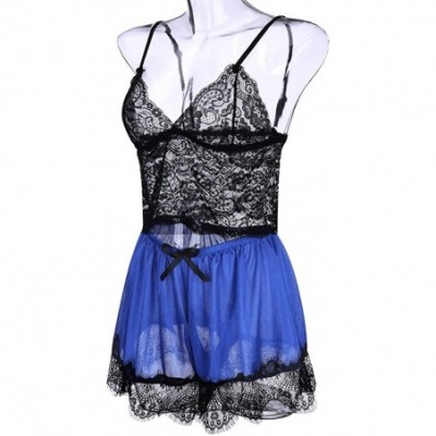 Garters & Garter Belts New Women Silk Lace Top Camisole Bow Shorts Pajamas Lingerie Sleepwear Set S-3XL - Blue - CX190TKASRD