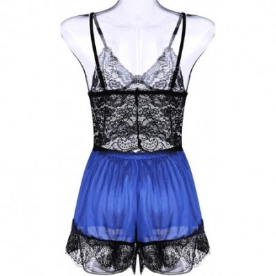 Garters & Garter Belts New Women Silk Lace Top Camisole Bow Shorts Pajamas Lingerie Sleepwear Set S-3XL - Blue - CX190TKASRD