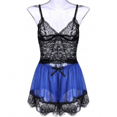 Garters & Garter Belts New Women Silk Lace Top Camisole Bow Shorts Pajamas Lingerie Sleepwear Set S-3XL - Blue - CX190TKASRD