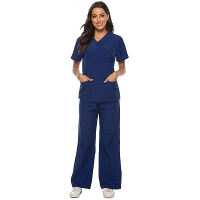 Thermal Underwear Women Short Sleeve V-Neck Tops+Pants Nursing Working Uniform Set Suit - A_navy - CY190E9922K