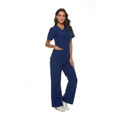 Thermal Underwear Women Short Sleeve V-Neck Tops+Pants Nursing Working Uniform Set Suit - A_navy - CY190E9922K