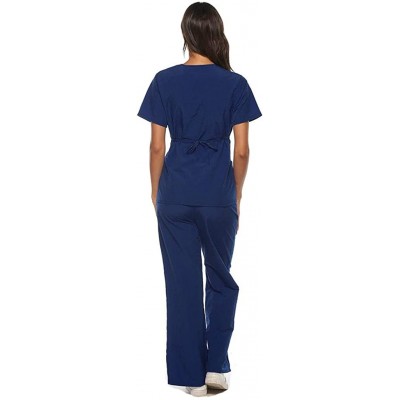 Thermal Underwear Women Short Sleeve V-Neck Tops+Pants Nursing Working Uniform Set Suit - A_navy - CY190E9922K