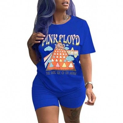 Sets Women Casual 2 Piece Outfit Short Sleeve Cartoon Print T-Shirts Bodycon Shorts Set Jumpsuit Rompers - Blue - CL197EUQUTR