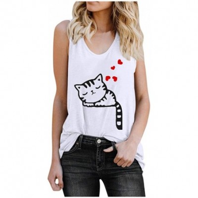 Thermal Underwear Women Girls Cute Cat Print Tank Tops Summer Sleeveless Casual Solid Loose Blouse - White - CJ1955GXMQ6