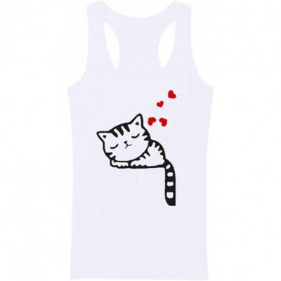 Thermal Underwear Women Girls Cute Cat Print Tank Tops Summer Sleeveless Casual Solid Loose Blouse - White - CJ1955GXMQ6