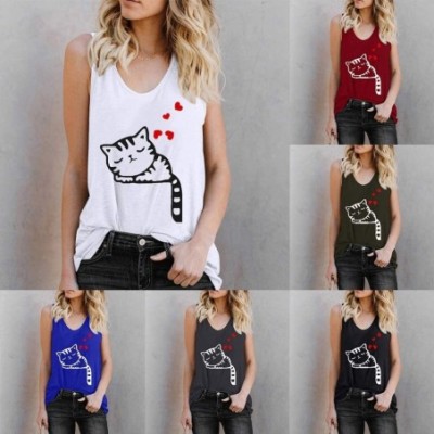 Thermal Underwear Women Girls Cute Cat Print Tank Tops Summer Sleeveless Casual Solid Loose Blouse - White - CJ1955GXMQ6