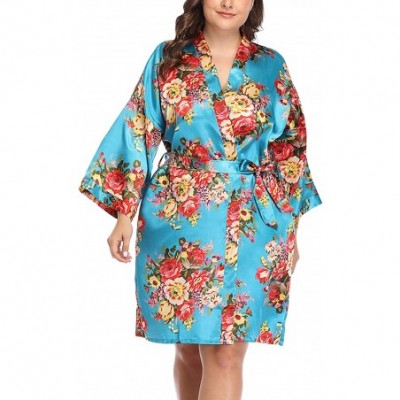 Robes Women's Plus Size Short Floral Satin Kimono Robe for Wedding Party Dressing Gown - Turquoise - C7198Q9IO5S