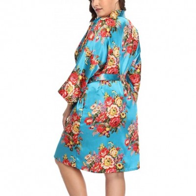 Robes Women's Plus Size Short Floral Satin Kimono Robe for Wedding Party Dressing Gown - Turquoise - C7198Q9IO5S