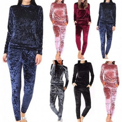 Thermal Underwear Women 2 Piece Outfits Velvet Sweatshirt +Jogger Pants Casual Solid Tracksuit - Blue - CI18AEDCEZE