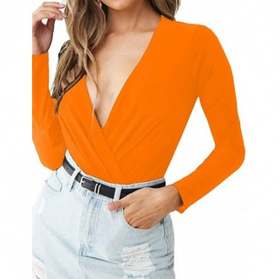 Shapewear Women's Long Sleeve Bodysuit Surplice Ruched Plunge V Neck Stretchy Jumpsuit Leotards - Orange - C919250KKT8