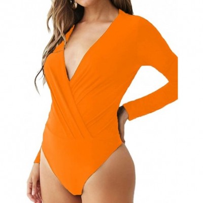 Shapewear Women's Long Sleeve Bodysuit Surplice Ruched Plunge V Neck Stretchy Jumpsuit Leotards - Orange - C919250KKT8