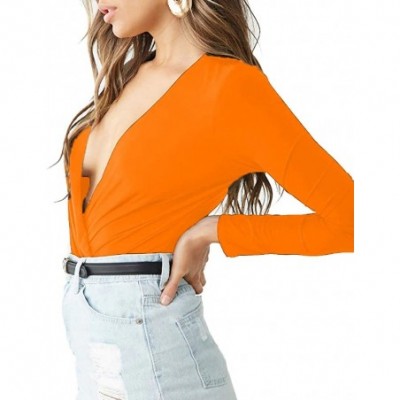 Shapewear Women's Long Sleeve Bodysuit Surplice Ruched Plunge V Neck Stretchy Jumpsuit Leotards - Orange - C919250KKT8