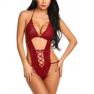 Baby Dolls & Chemises Women Lace Lingerie V-Neck Halter Hollow One-Piece Sexy Underwear Teddy Bandage Bodysuit Sleepdress - B...