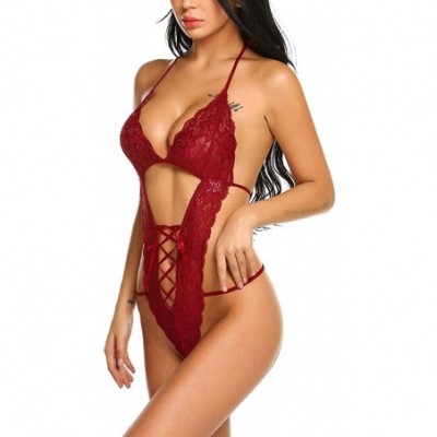 Baby Dolls & Chemises Women Lace Lingerie V-Neck Halter Hollow One-Piece Sexy Underwear Teddy Bandage Bodysuit Sleepdress - B...