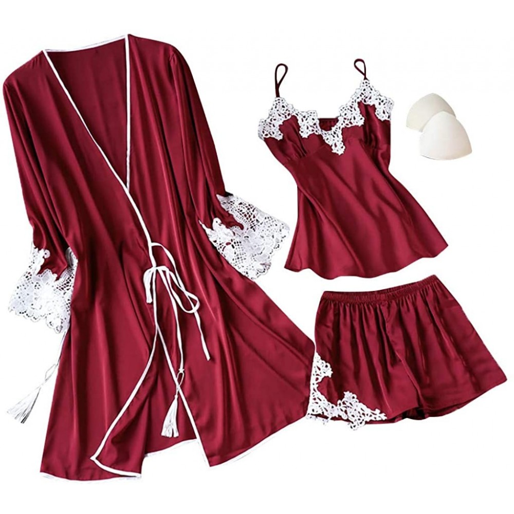 Nightgowns & Sleepshirts Women Silk Pajamas Set Sexy Lace Lingerie Nightwear Underwear Babydoll Sleepwear Dress 3PC Suit - Re...