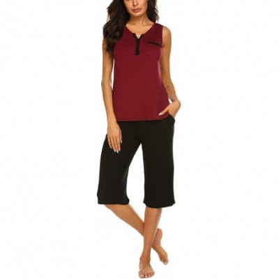 Sets Womens Pajama Set Tank with Capri Pants Pjs Sleepwear Sets - Wine Red - CS18R8R8ISI