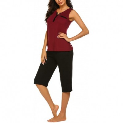 Sets Womens Pajama Set Tank with Capri Pants Pjs Sleepwear Sets - Wine Red - CS18R8R8ISI