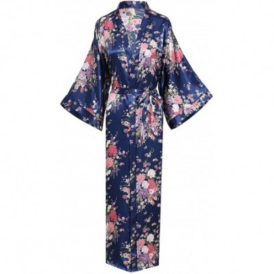 Robes Women Long Robe Print Flower Peacock Bathrobe Gown Bride Wedding Robes - Navy Blue Flower a - C118XIDXM7C