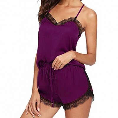 Nightgowns & Sleepshirts Nightwear Womens Sexy Sleepwear Sleeveless Strap Nightwear Lace Trim Satin Cami Top Pajama Sets - Pu...