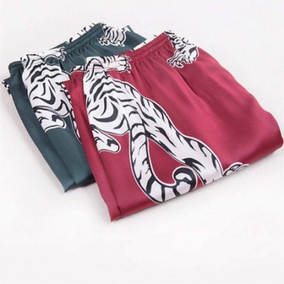 Sleep Sets Men Sleepwear Bottoms Men Silk Pajamas Print Long Sleep Pants Man Polyester Appliques Trousers - Wine - CI194XCUWY3