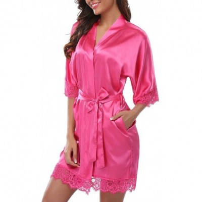 Robes Women's Short Satin Robe Lace Trim Bride and Bridesmaid Dressing Gown Wedding Party Night Gown - Rose - CM196848III