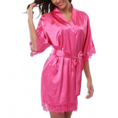 Robes Women's Short Satin Robe Lace Trim Bride and Bridesmaid Dressing Gown Wedding Party Night Gown - Rose - CM196848III