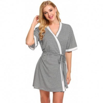 Robes Women Striped Sleep Robes Open Front V Neck Short Sleeve Sleepwear with Belt - Black White - C618GAYDLOE