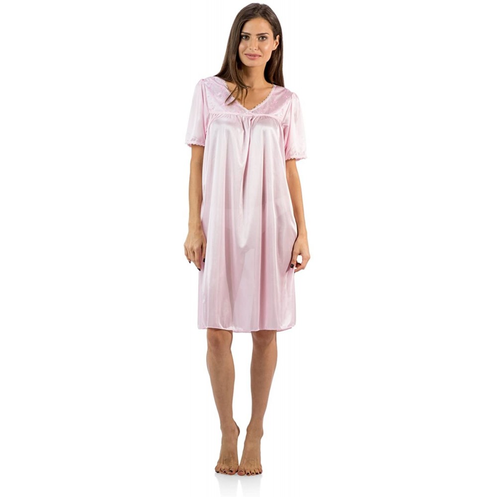 Nightgowns & Sleepshirts Women's Satin Embroidery Lace Short Sleeve Nightgown - Light Pink - CX12NSMI0NI