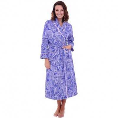 Robes Women's Lightweight Cotton Kimono Robe- Printed Summer Bathrobe - Blue and White Paisley With Pink Piping - CW12607EWCZ