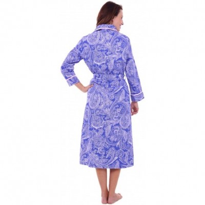 Robes Women's Lightweight Cotton Kimono Robe- Printed Summer Bathrobe - Blue and White Paisley With Pink Piping - CW12607EWCZ