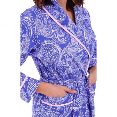 Robes Women's Lightweight Cotton Kimono Robe- Printed Summer Bathrobe - Blue and White Paisley With Pink Piping - CW12607EWCZ