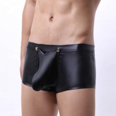 Briefs Men's Sexy Underwear Low Rise Imitation Leather Front Open Lingerie Underpants Pouch Briefs - Black 3 - CU193S52M7R