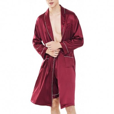 Robes Men's Satin Bathrobe Nightgown Casual Kimono Robe Loungewear Sleepwear Pajama Set with Shorts - Red - CP18RYRSHKD