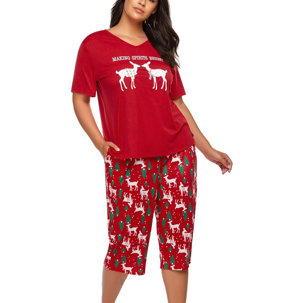 Sets Women's Plus Size Pajama Sets Capri Pajama Set Christmas Pj Sets Short Sleeves Sleepwear(16W-24W) - Ponceau - C718XTALLTS