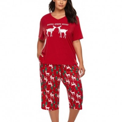 Sets Women's Plus Size Pajama Sets Capri Pajama Set Christmas Pj Sets Short Sleeves Sleepwear(16W-24W) - Ponceau - C718XTALLTS