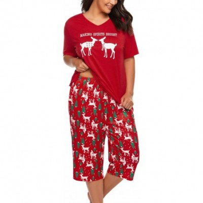 Sets Women's Plus Size Pajama Sets Capri Pajama Set Christmas Pj Sets Short Sleeves Sleepwear(16W-24W) - Ponceau - C718XTALLTS