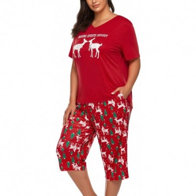 Sets Women's Plus Size Pajama Sets Capri Pajama Set Christmas Pj Sets Short Sleeves Sleepwear(16W-24W) - Ponceau - C718XTALLTS