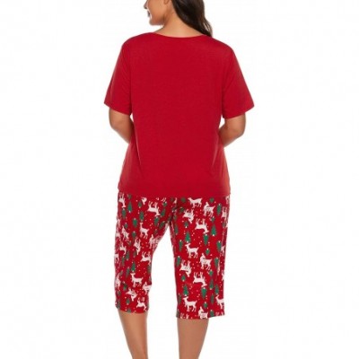 Sets Women's Plus Size Pajama Sets Capri Pajama Set Christmas Pj Sets Short Sleeves Sleepwear(16W-24W) - Ponceau - C718XTALLTS