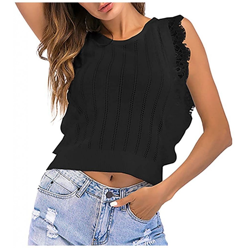 Camisoles & Tanks Fashion Womens Casual Loose Lace Panel Short Slim Camisole (Size M-XL) - Black - CF196WQ4UIQ